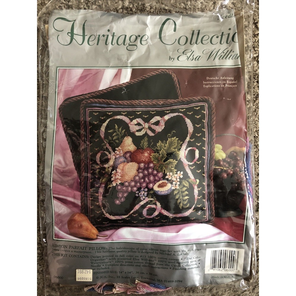 Vtg Elsa Williams Ribbon Parfait Fruits Pillow Needlepoint Kit 14x14 READ!